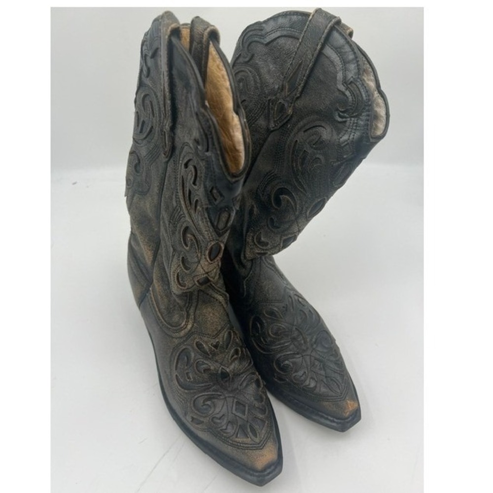 Rockin Country Collection Distressed Black Leather Western Cowboy Boots Women 8